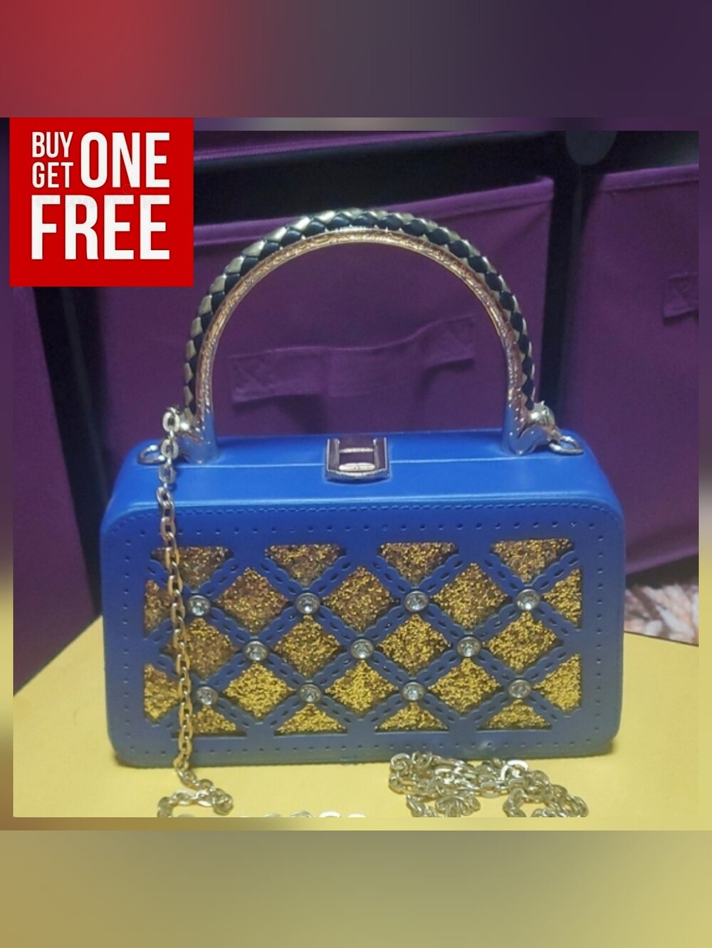 Blue and Gold Glitter Box Handbag with Chain Strap
